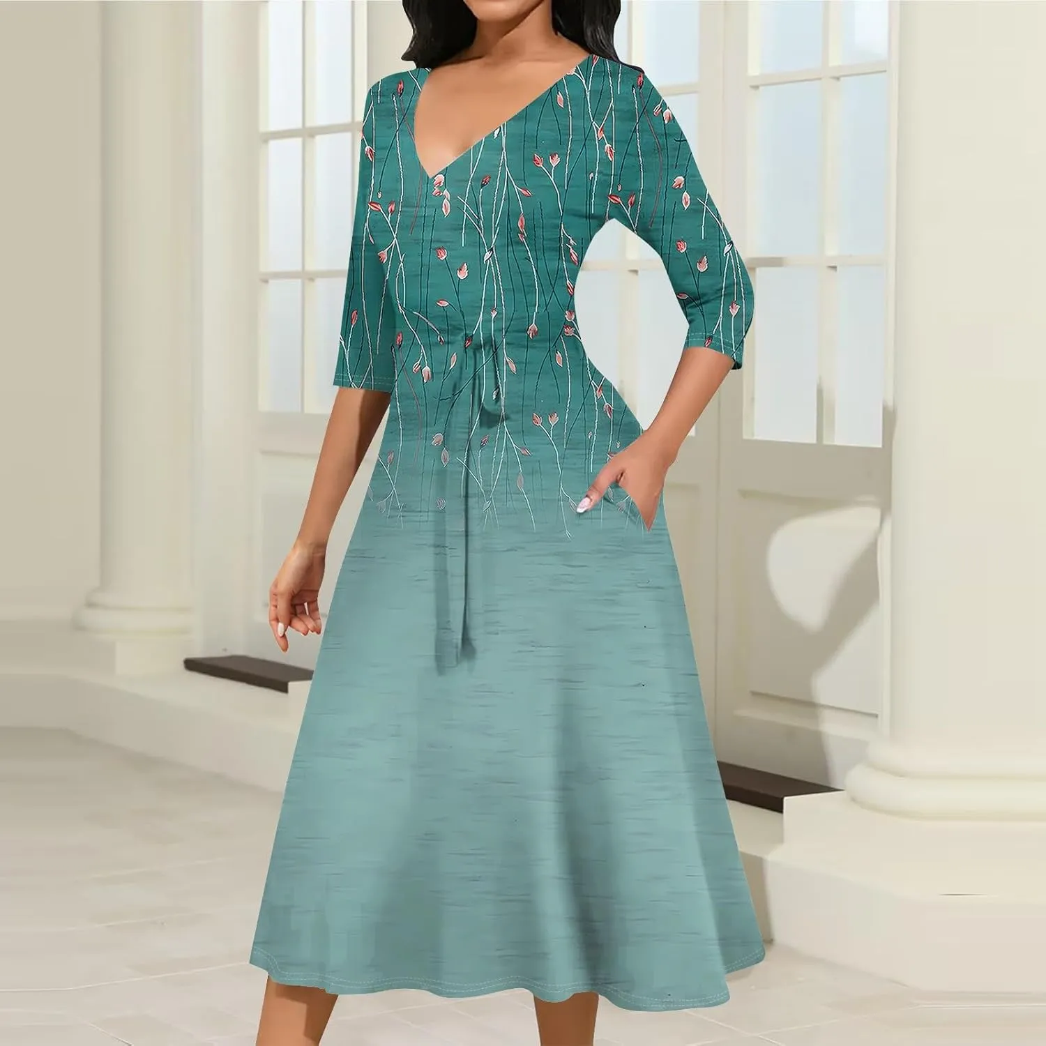 Plus Size Dress for Women 3/4 Sleeve V Neck Flowy Swing Midi Dress Floral Print Cocktail Party Dresses with Belt