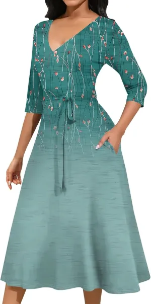 Plus Size Dress for Women 3/4 Sleeve V Neck Flowy Swing Midi Dress Floral Print Cocktail Party Dresses with Belt