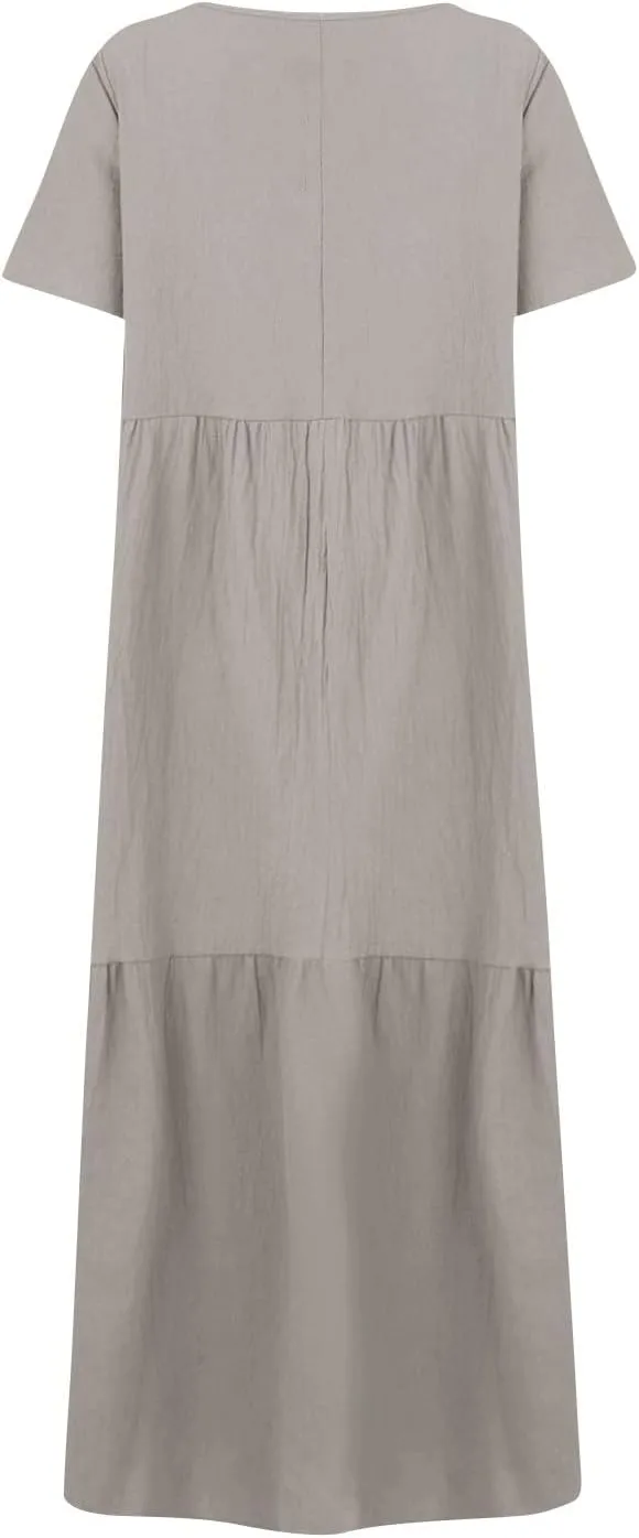 Plus Size Maxi Dresses for Curvy Women Summer Linen Dress Short Sleeve V Neck Long Sundress Flowy Beach Dress