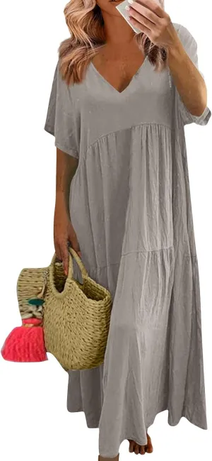 Plus Size Maxi Dresses for Curvy Women Summer Linen Dress Short Sleeve V Neck Long Sundress Flowy Beach Dress