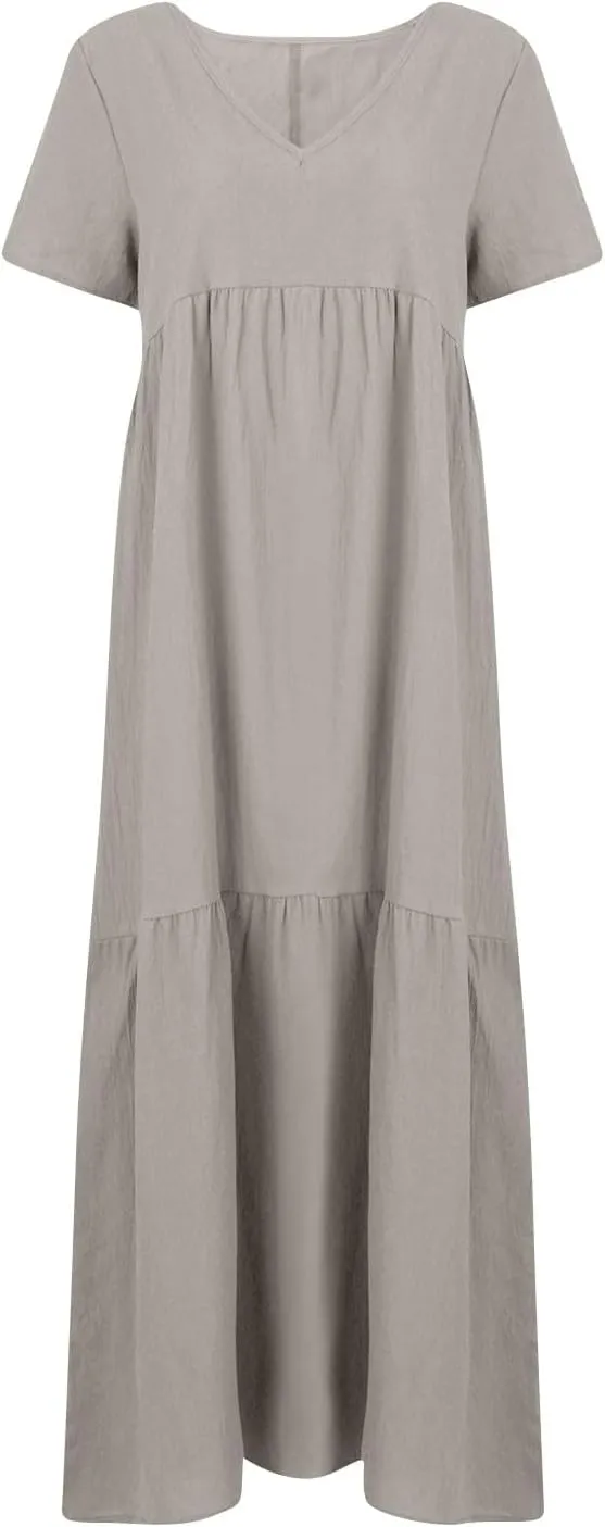 Plus Size Maxi Dresses for Curvy Women Summer Linen Dress Short Sleeve V Neck Long Sundress Flowy Beach Dress