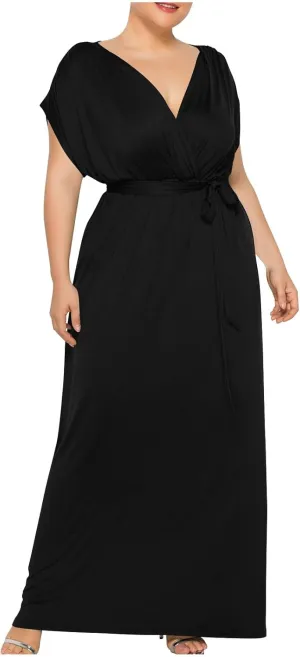 Plus Size Summer Dress for Women Fashion Solid Color Sundress Warp V Neck Short Sleeve Flowy Maxi Long Dresses