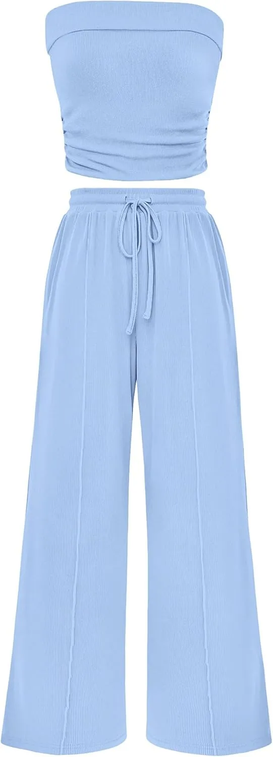 PRETTYGARDEN Womens Summer Outfits 2 Piece Sets Casual Ribbed Knit Crop Tube Top Wide Leg Pants Spring Matching Lounge Set