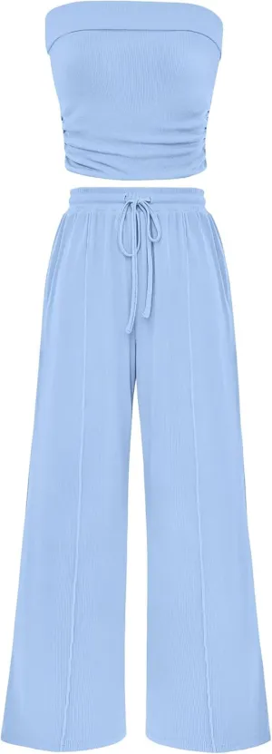 PRETTYGARDEN Womens Summer Outfits 2 Piece Sets Casual Ribbed Knit Crop Tube Top Wide Leg Pants Spring Matching Lounge Set