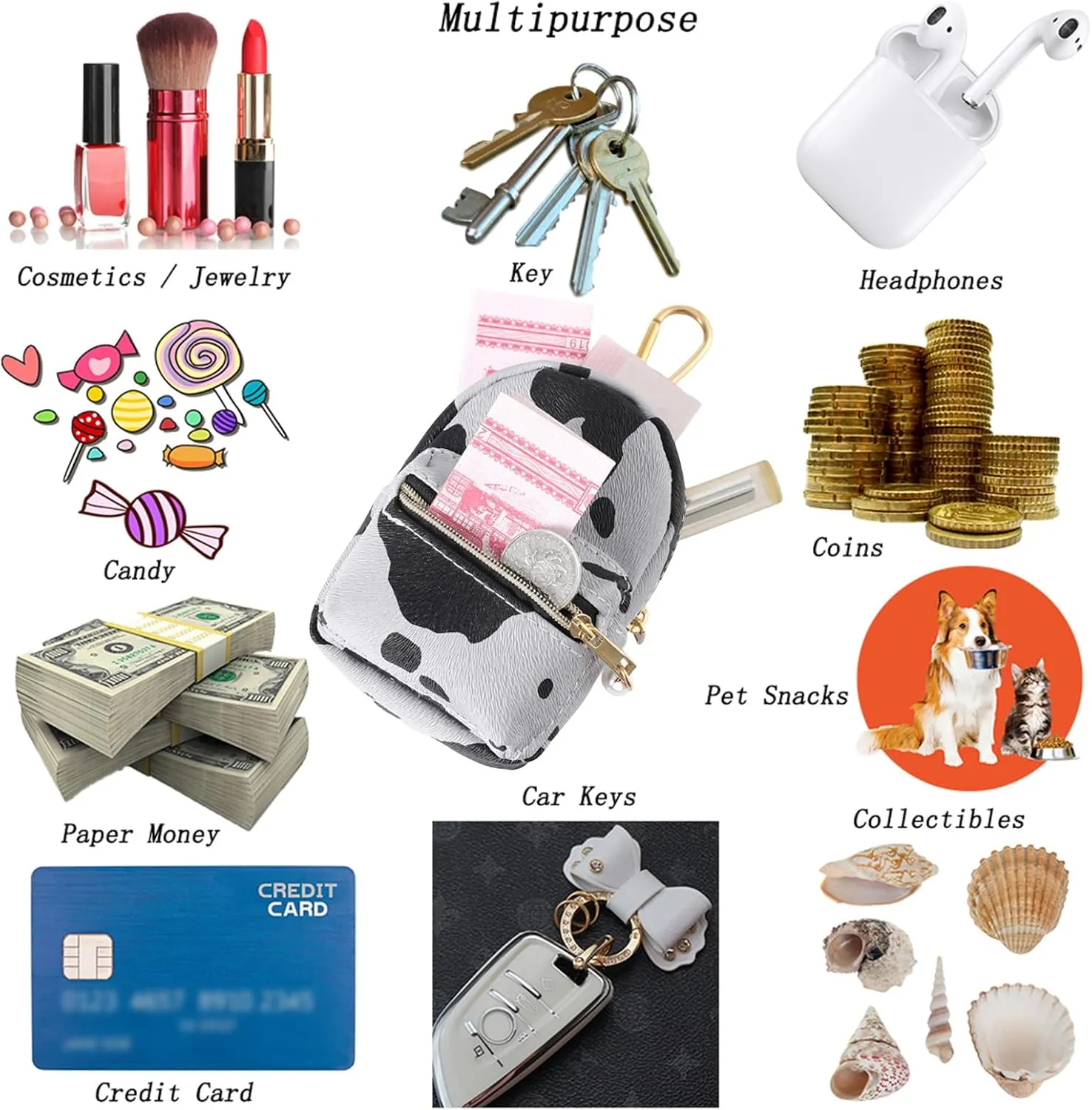 Printed Cow Pattern Coin Purse Pouch Real Littles Backpack Mini Backpack Style Key Chain Coin Purse for Women Small Wallets Purse Keychain Coin Pouch Bags (Grey)