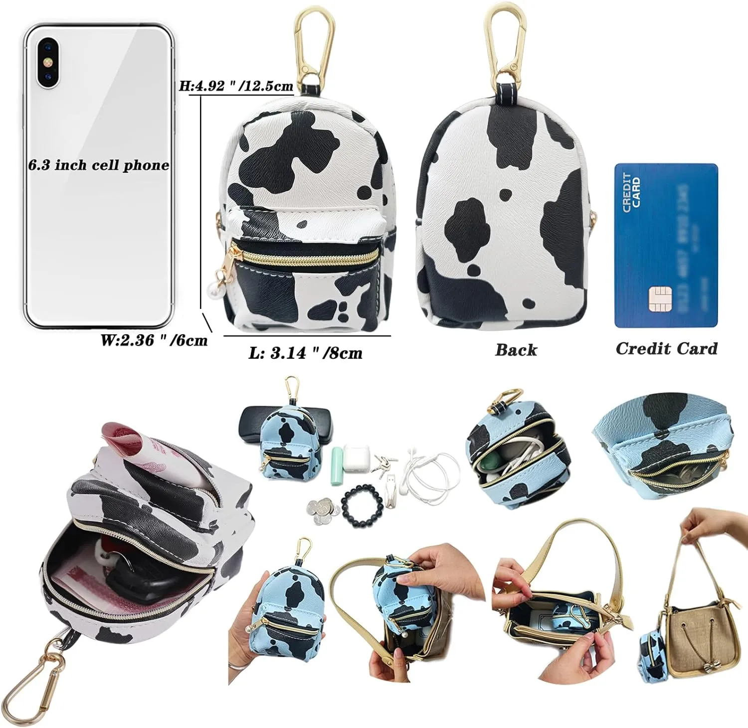 Printed Cow Pattern Coin Purse Pouch Real Littles Backpack Mini Backpack Style Key Chain Coin Purse for Women Small Wallets Purse Keychain Coin Pouch Bags (Grey)