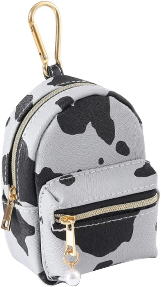 Printed Cow Pattern Coin Purse Pouch Real Littles Backpack Mini Backpack Style Key Chain Coin Purse for Women Small Wallets Purse Keychain Coin Pouch Bags (Grey)