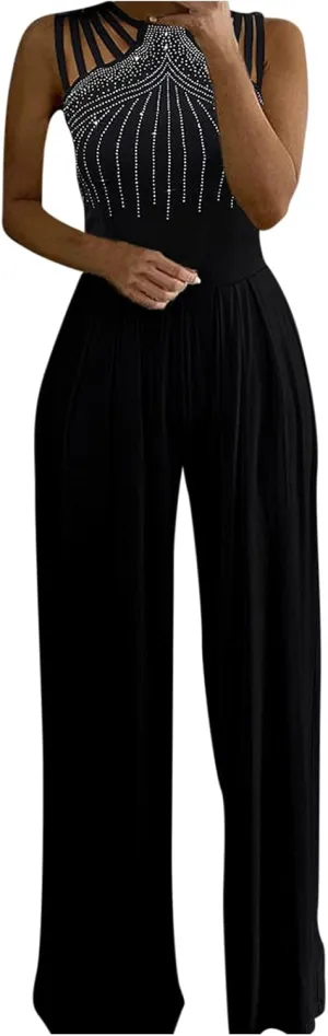 Rhinestone Jumpsuit for Women V Neck Sleeveless Hollow Out Rompers Cocktail Evening Party Outfits Trendy Overalls
