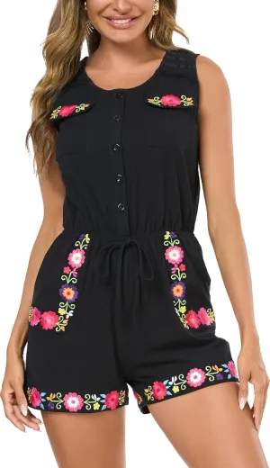 Rompers for Women Summer Boho Embroidered Floral Sleeveless Halter Flowy Casual Tank Top Short Jumpsuit