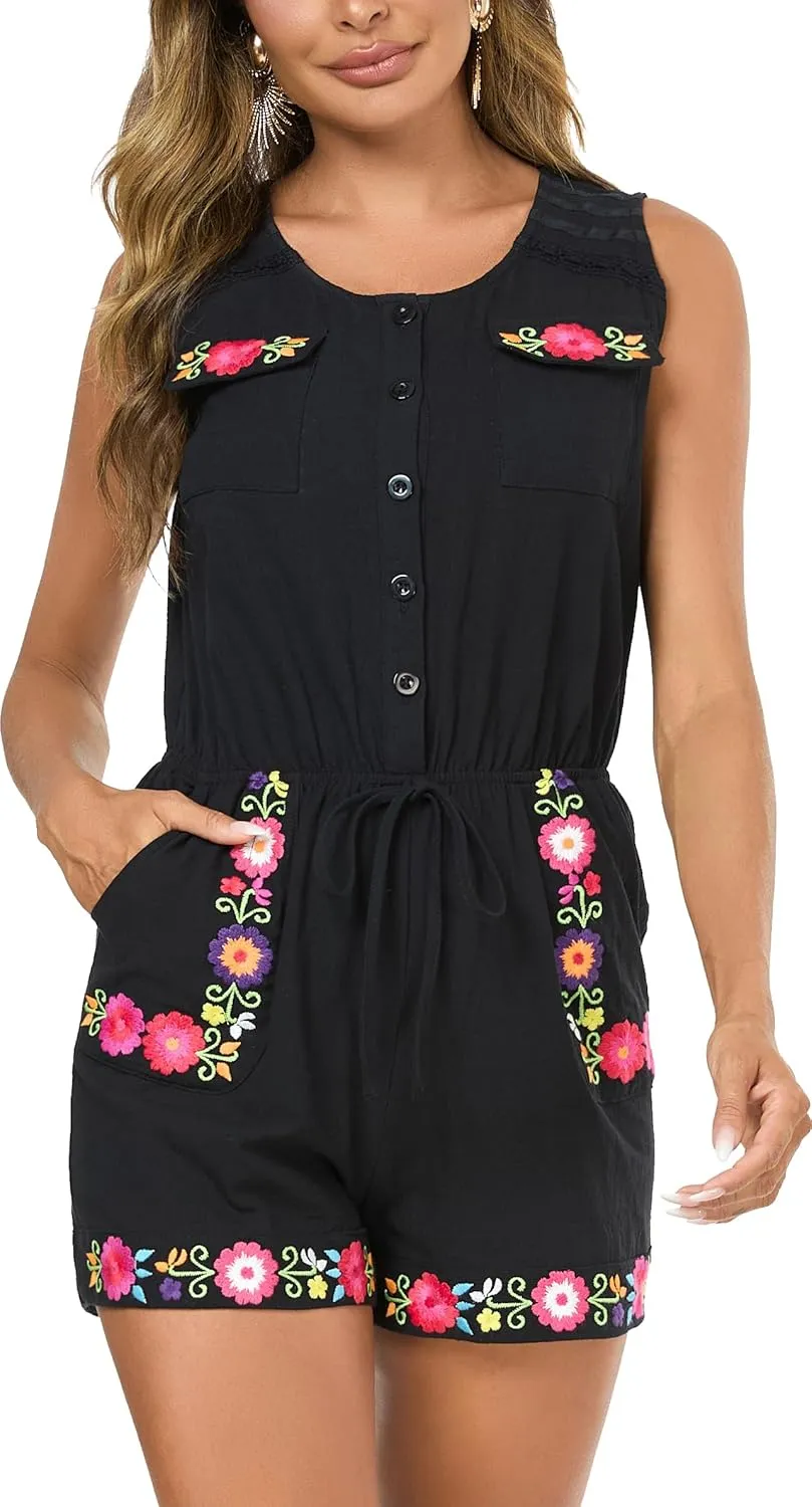 Rompers for Women Summer Boho Embroidered Floral Sleeveless Halter Flowy Casual Tank Top Short Jumpsuit