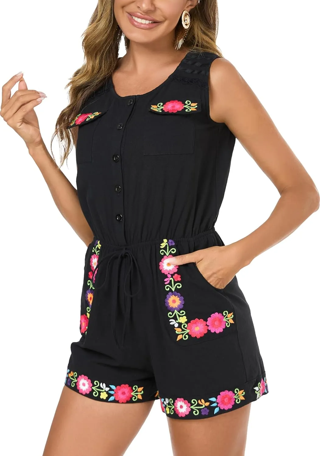 Rompers for Women Summer Boho Embroidered Floral Sleeveless Halter Flowy Casual Tank Top Short Jumpsuit