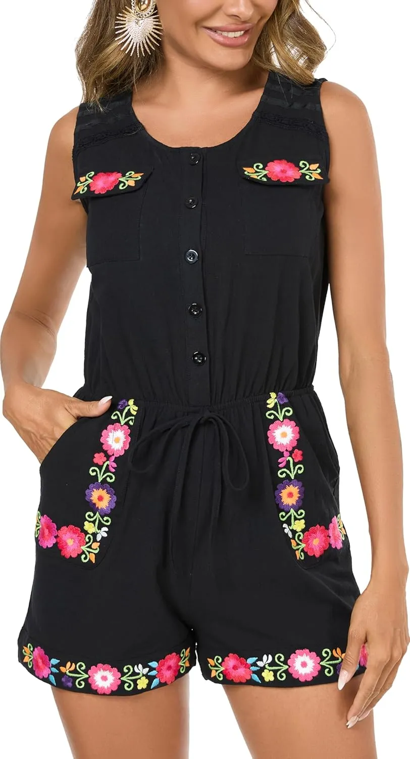 Rompers for Women Summer Boho Embroidered Floral Sleeveless Halter Flowy Casual Tank Top Short Jumpsuit