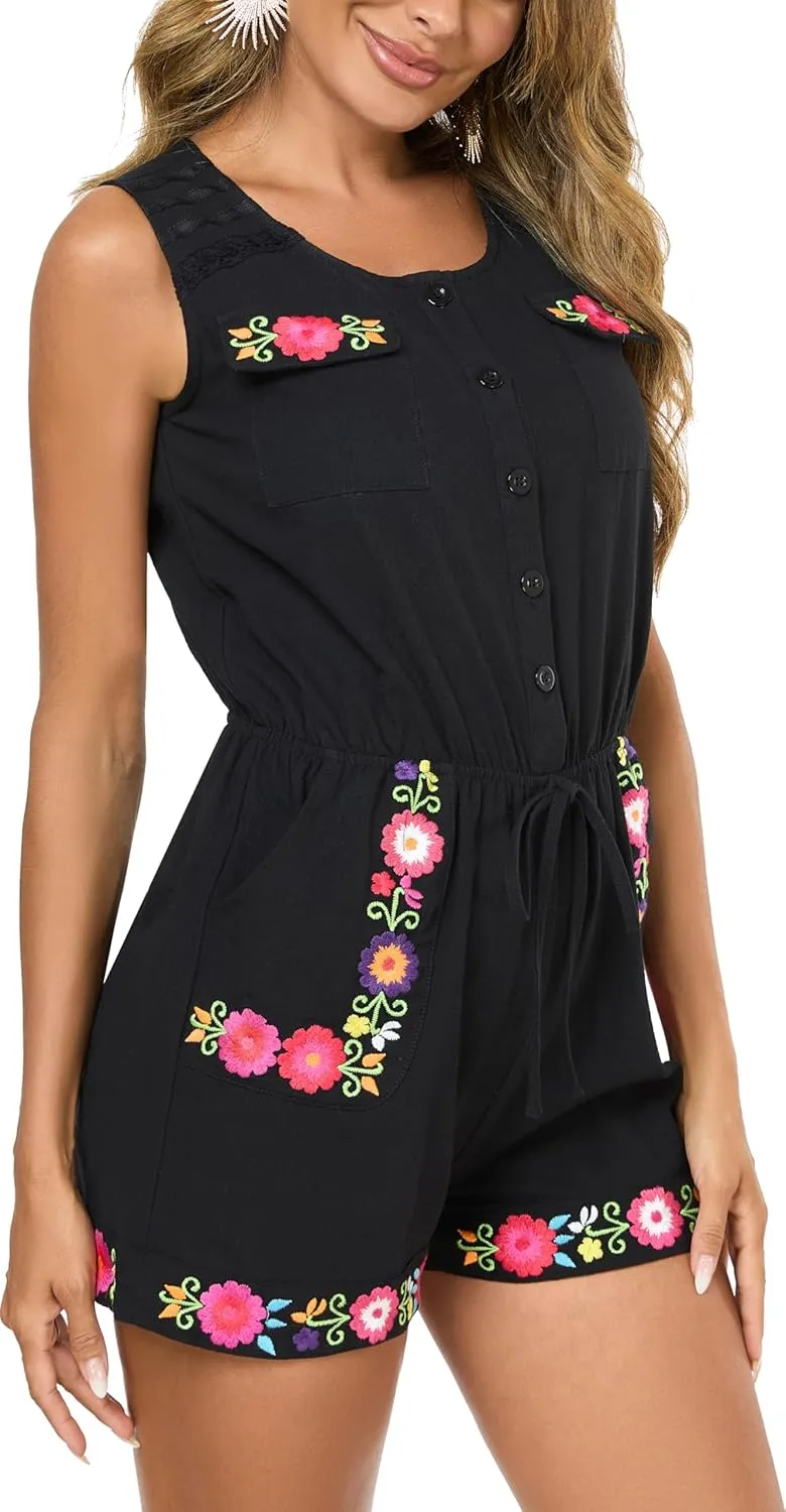 Rompers for Women Summer Boho Embroidered Floral Sleeveless Halter Flowy Casual Tank Top Short Jumpsuit