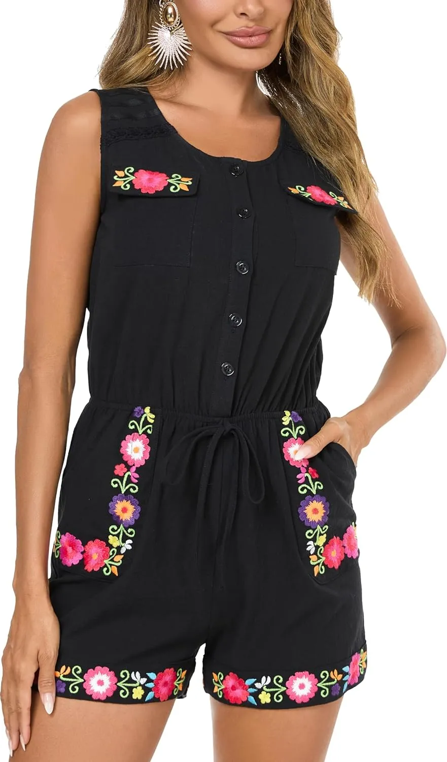 Rompers for Women Summer Boho Embroidered Floral Sleeveless Halter Flowy Casual Tank Top Short Jumpsuit