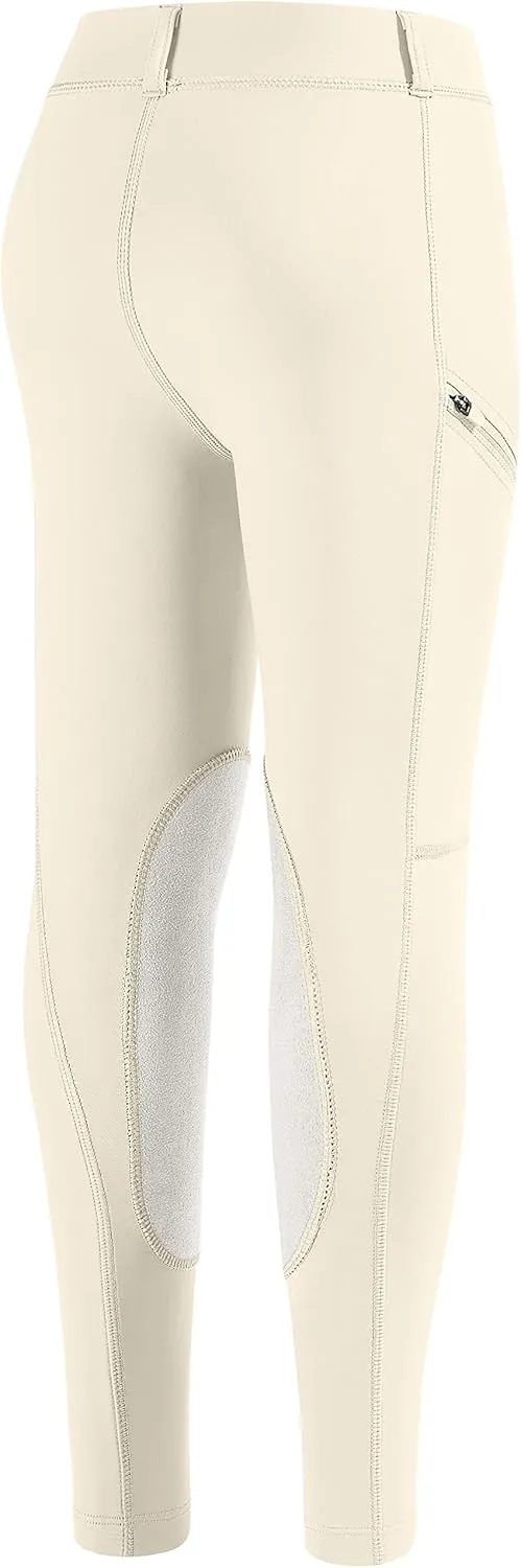 SANTINY Girls Horse Riding Pants with Zipper Pockets Kids Stretchy Equestrian Breeches Knee-Patch Youth Schooling Tights