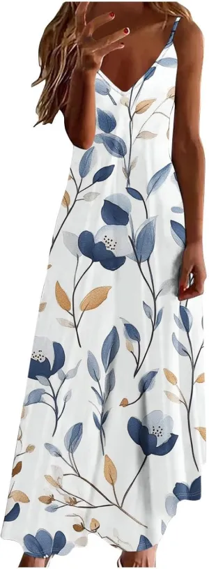 Sexy Dresses for Women V-Neck Spaghetti Strap Sleeveless Boho Sundress Summer Ruched Maxi Wedding Guest Dress