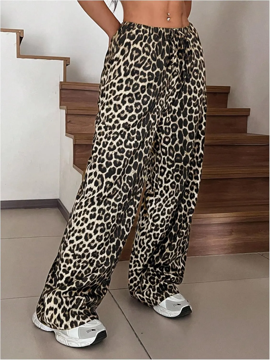 SOLY HUX Women's Leopard Pants Wide Leg Cheetah Print Drawstring Baggy Sweatpants Y2K Streetwear
