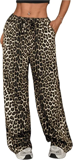 SOLY HUX Women's Leopard Pants Wide Leg Cheetah Print Drawstring Baggy Sweatpants Y2K Streetwear