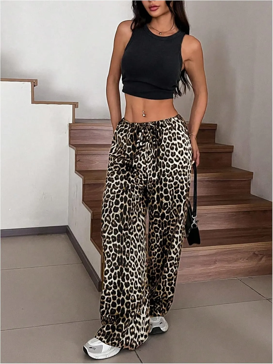 SOLY HUX Women's Leopard Pants Wide Leg Cheetah Print Drawstring Baggy Sweatpants Y2K Streetwear