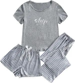 SOLY HUX Women's Lounge Set Short Sleeve Top and Striped Shorts Pants Pajamas Sleepwear 3 Piece Set