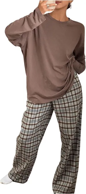 SOLY HUX Women's Plaid Pajama Set Oversized Long Sleeve Tee and Wide Leg Pants Sleepwear Loungewear