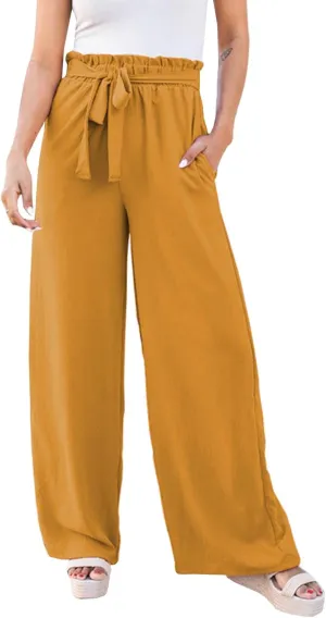 SOMTHRON Women's Paper Bag Belted Wide Leg Pants High Waist Casual Palazzo Flowy Beach Long Trousers