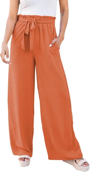 SOMTHRON Women's Paper Bag Belted Wide Leg Pants High Waist Casual Palazzo Flowy Beach Long Trousers