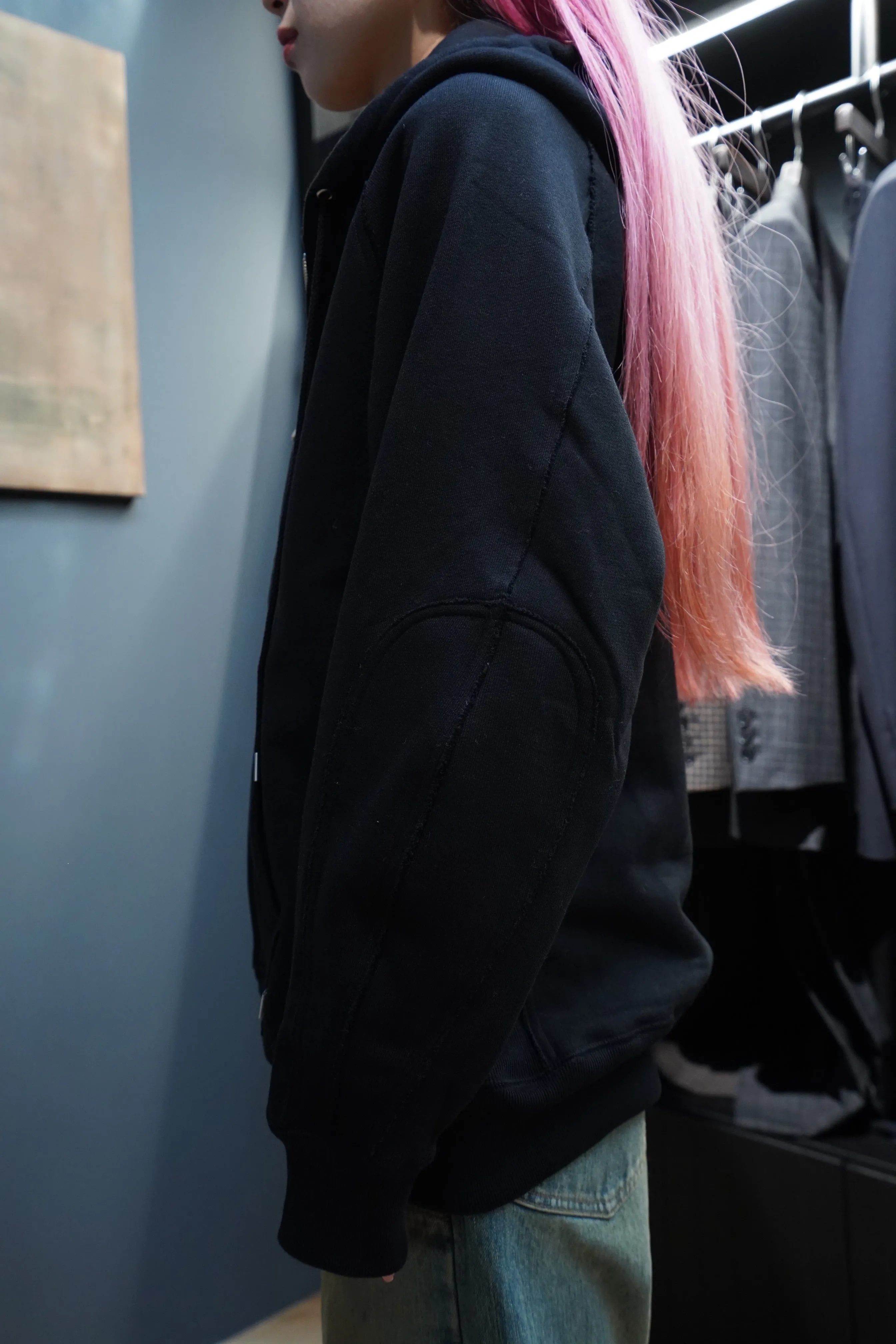 SUGARHILL ZIP-UP RAW EDGE HOODIE(BLACK)