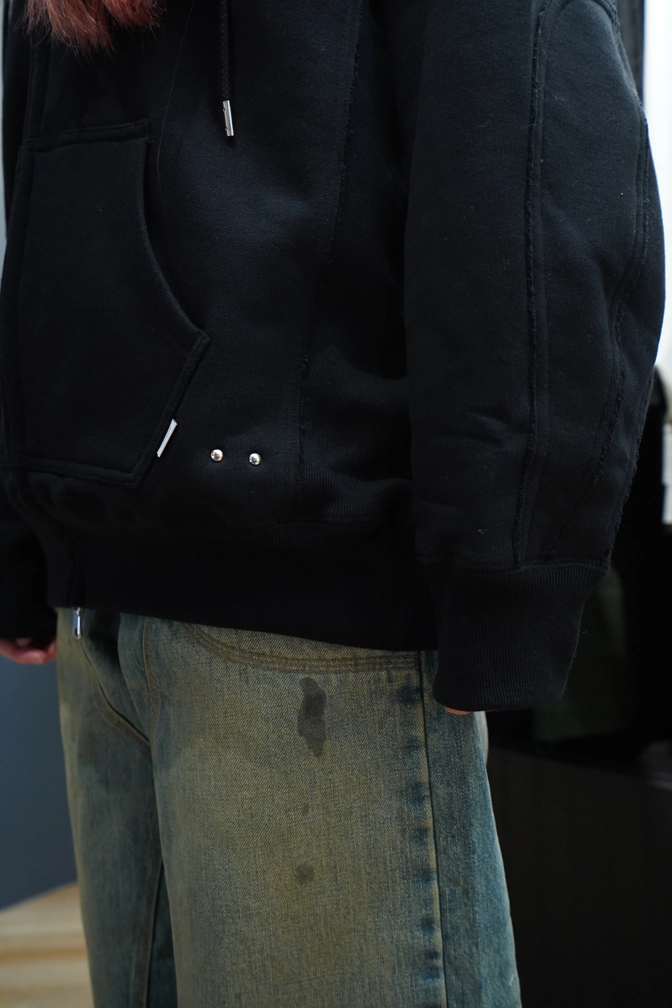 SUGARHILL ZIP-UP RAW EDGE HOODIE(BLACK)