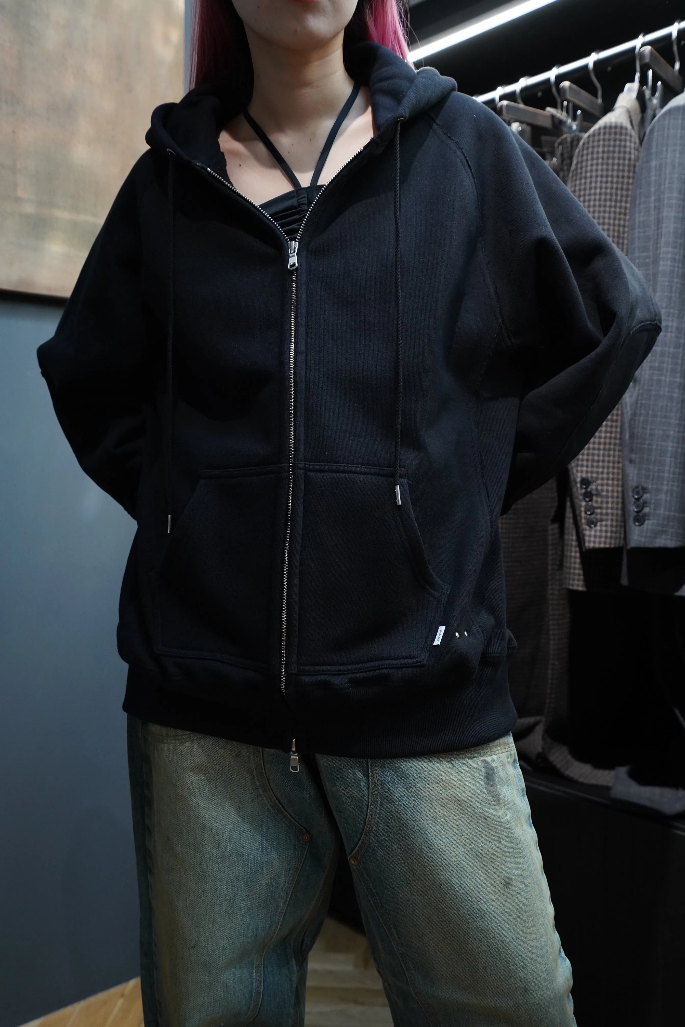 SUGARHILL ZIP-UP RAW EDGE HOODIE(BLACK)