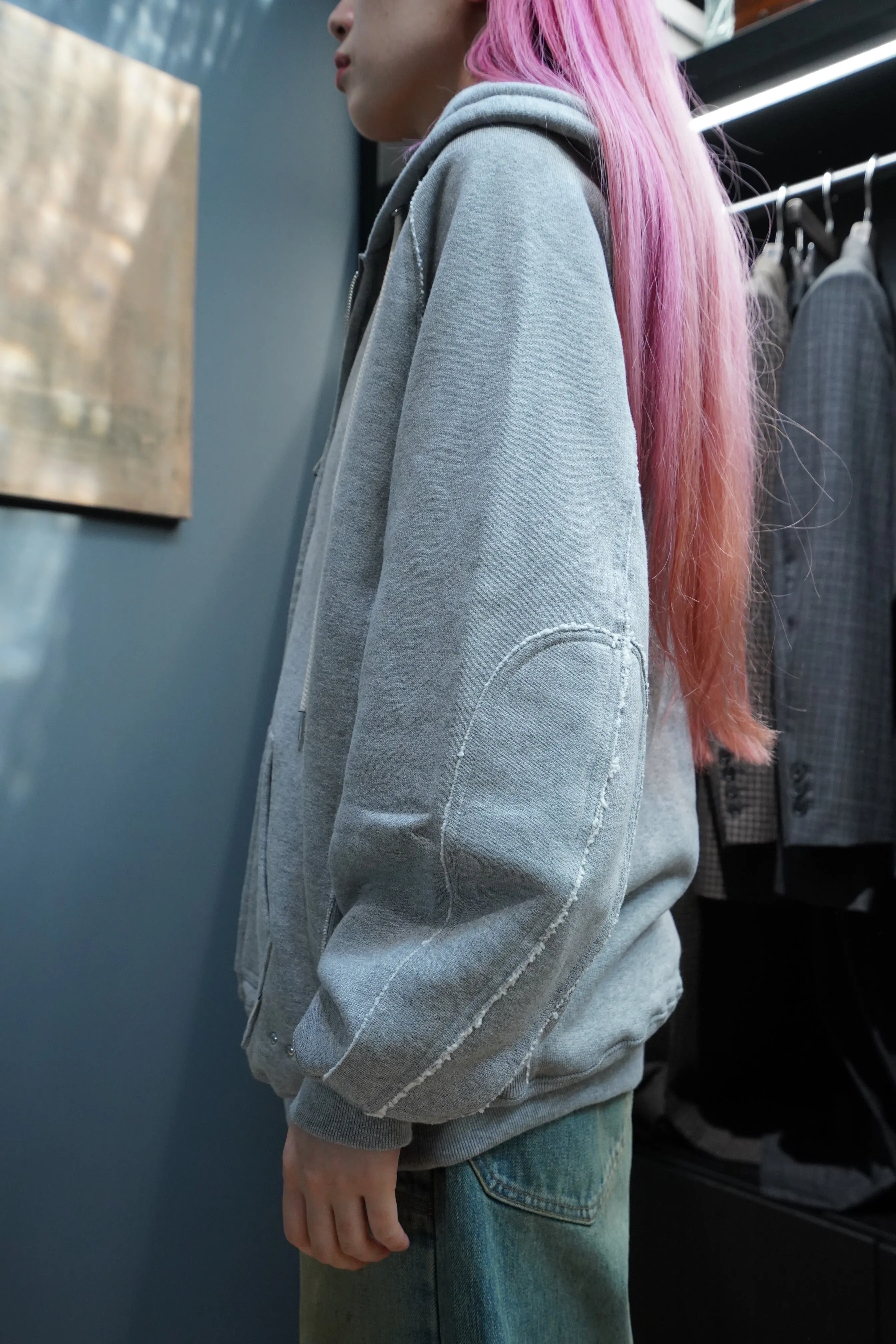 SUGARHILL ZIP-UP RAW EDGE HOODIE(GRAY)