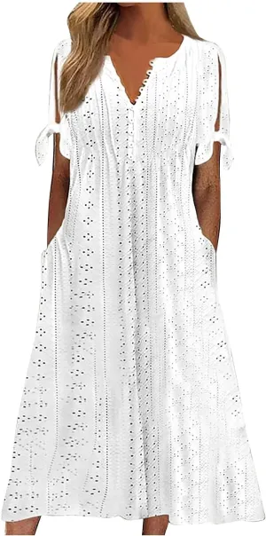 Summer Dresses for Women 2024 Casual V Neck Eyelet Boho Maxi Dresses Trendy Short Sleeve Beach Vacation Outfits with Pocket
