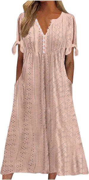 Summer Dresses for Women 2024 Casual V Neck Eyelet Boho Maxi Dresses Trendy Short Sleeve Beach Vacation Outfits with Pocket