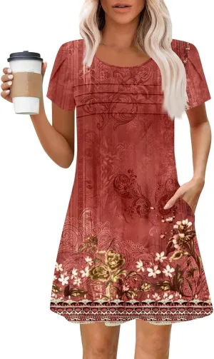 Summer Dresses for Women 2025 Crew Neck Floral Short Sleeve Dress Casual T Shirt Dresses Pleated Front Beach Dress