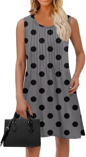 Summer Dresses for Women 2025 Loose O Neck Sundresses Sleeveless Pleated Tank Dress Beach Casual Print Dress with Pockets