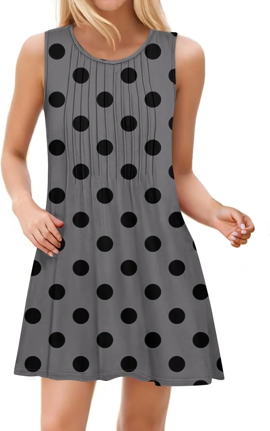 Summer Dresses for Women 2025 Loose O Neck Sundresses Sleeveless Pleated Tank Dress Beach Casual Print Dress with Pockets