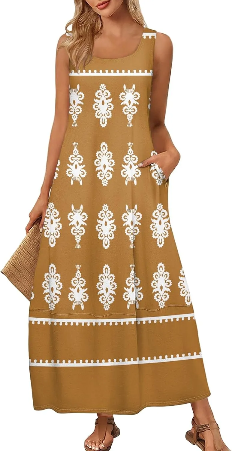 Summer Dresses for Women 2025 Sleeveless Bohemian Maxi Dress with Pockets Floral Print Maxi Sundress Beach Vacation