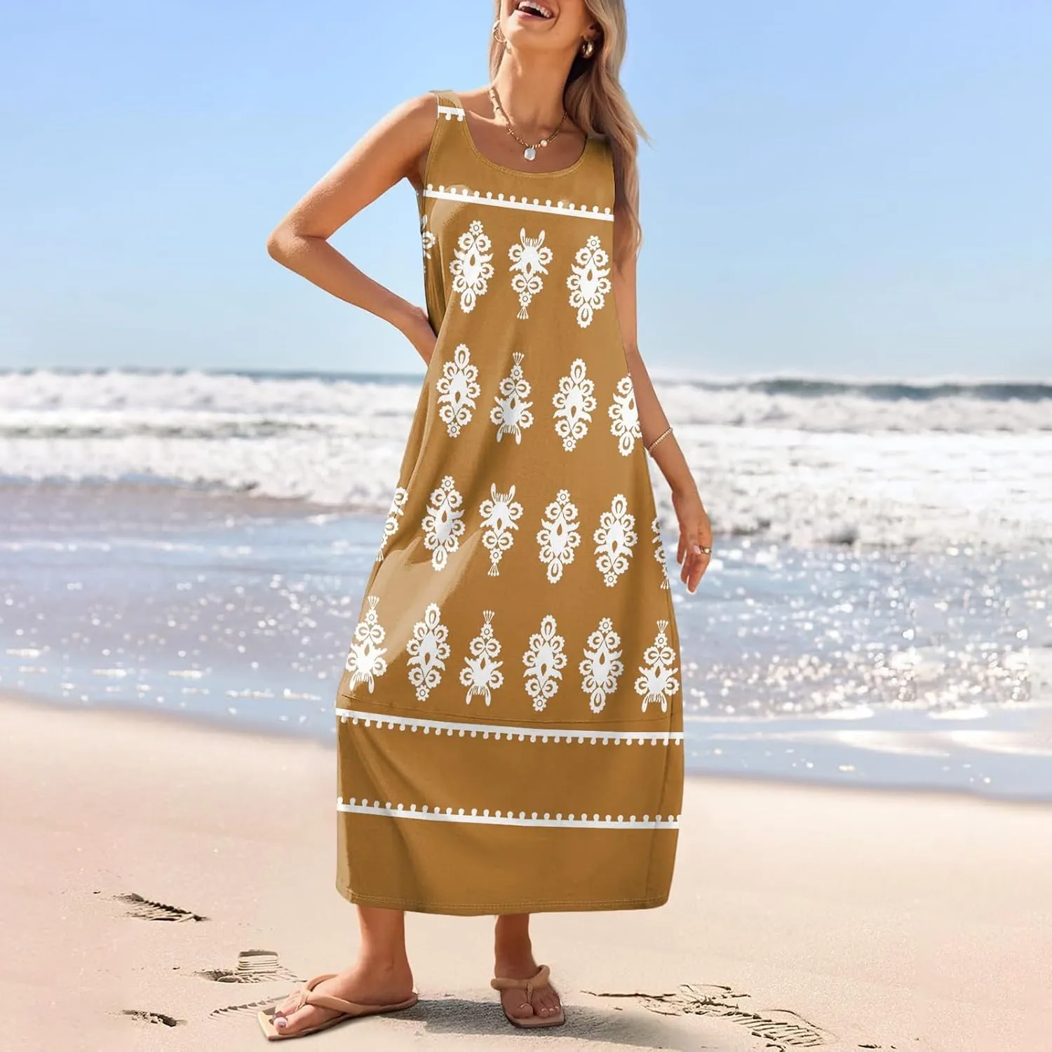 Summer Dresses for Women 2025 Sleeveless Bohemian Maxi Dress with Pockets Floral Print Maxi Sundress Beach Vacation