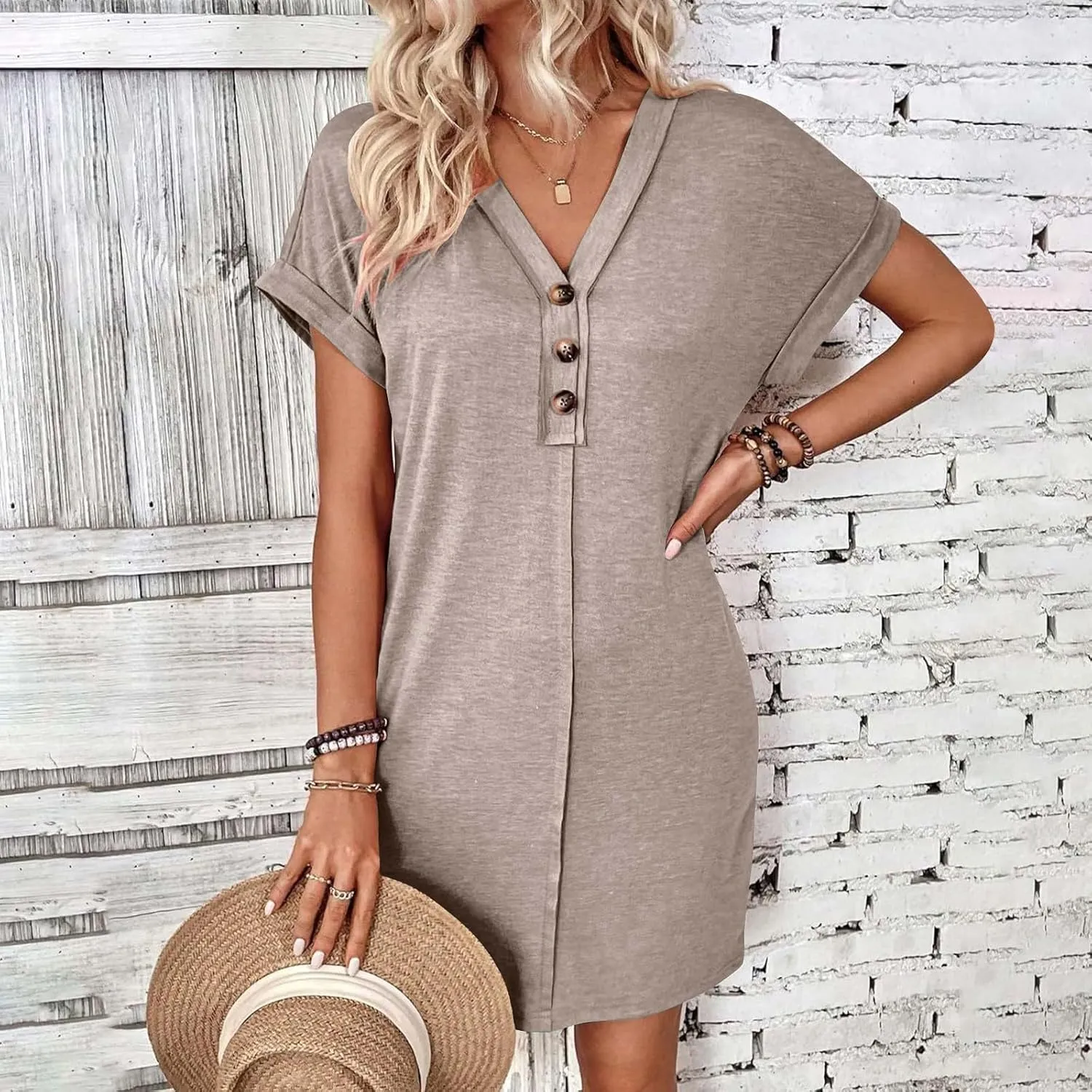 Summer Dresses for Women 2025 V Neck Dressy Casual Elegant Party Dress Trendy Rolled-Up Short Sleeve Beach Mini Dress