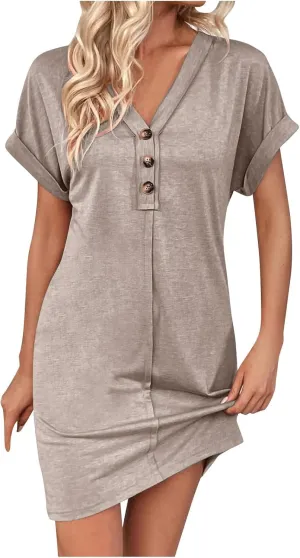 Summer Dresses for Women 2025 V Neck Dressy Casual Elegant Party Dress Trendy Rolled-Up Short Sleeve Beach Mini Dress