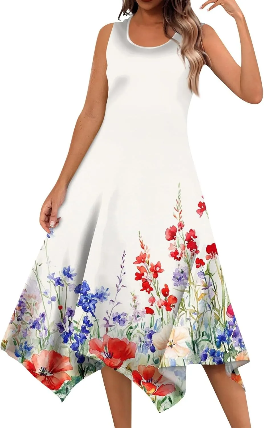 Summer Dresses for Women Crewneck Sleeveless Irregular Hem Midi Dress Trendy Floral Printed Beach Vacation Sundress
