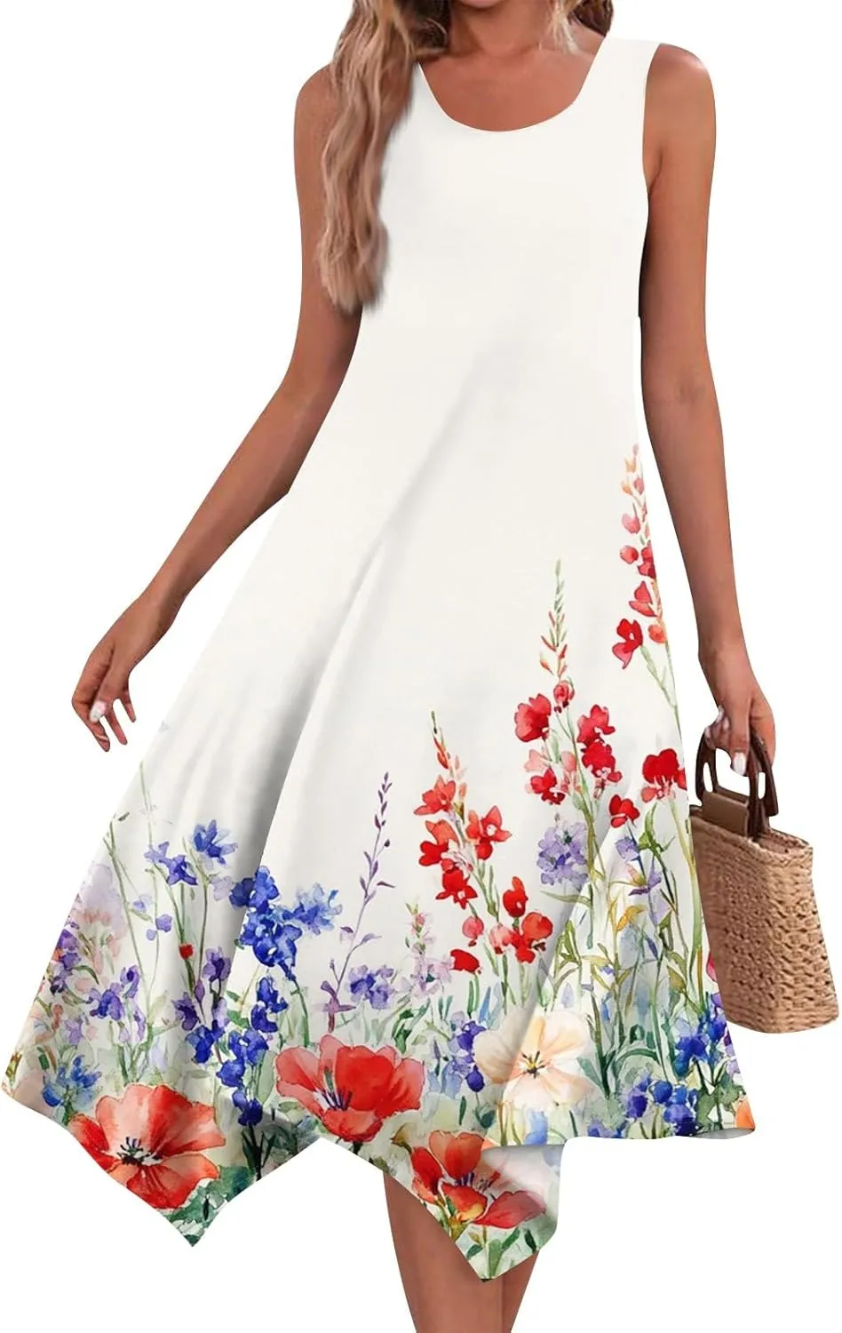 Summer Dresses for Women Crewneck Sleeveless Irregular Hem Midi Dress Trendy Floral Printed Beach Vacation Sundress