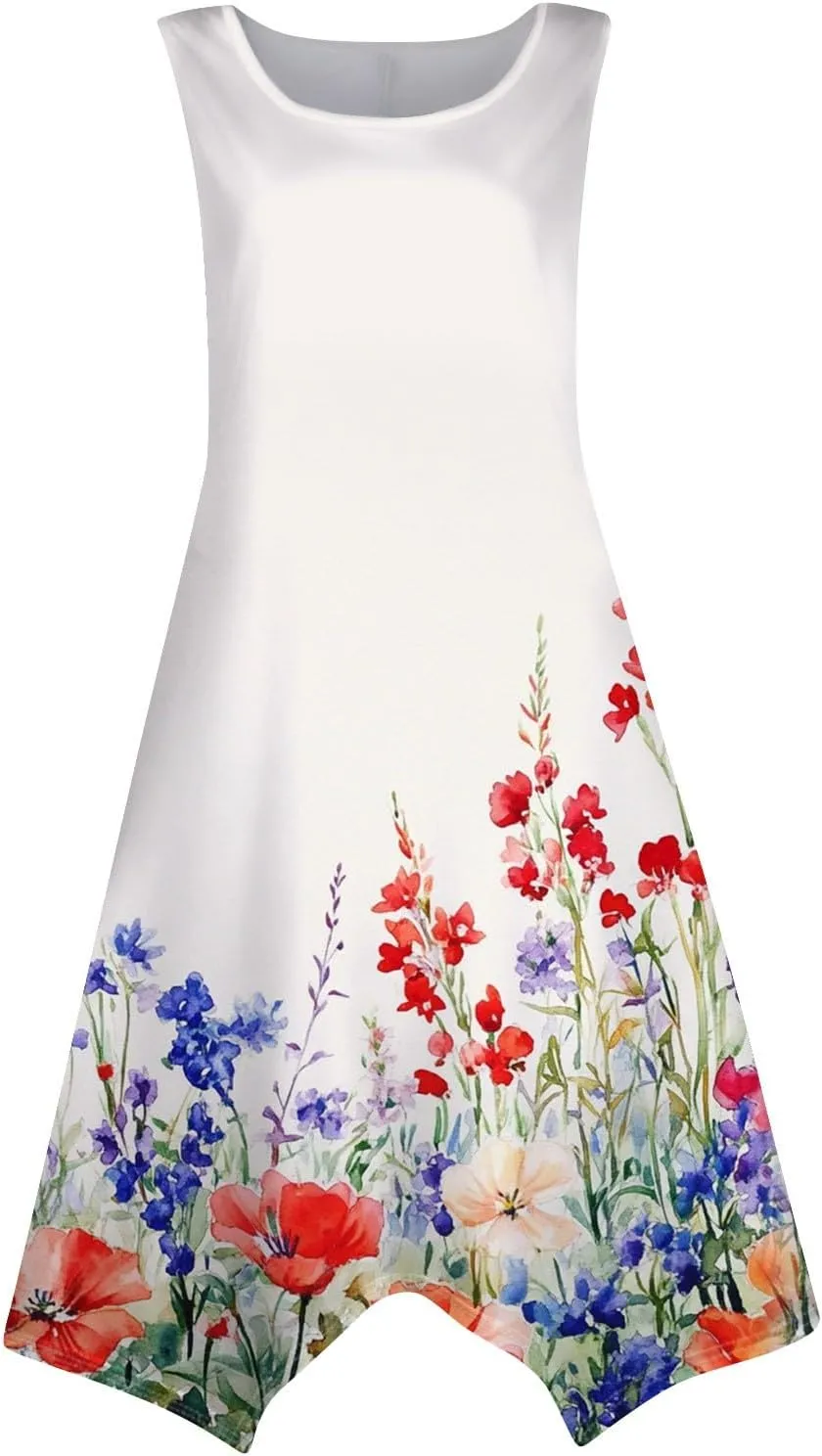 Summer Dresses for Women Crewneck Sleeveless Irregular Hem Midi Dress Trendy Floral Printed Beach Vacation Sundress