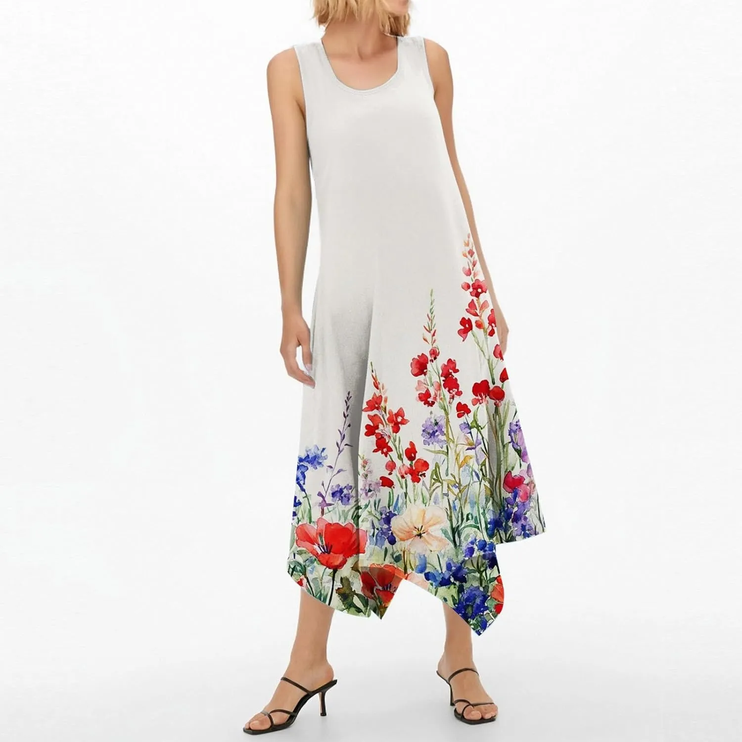 Summer Dresses for Women Crewneck Sleeveless Irregular Hem Midi Dress Trendy Floral Printed Beach Vacation Sundress