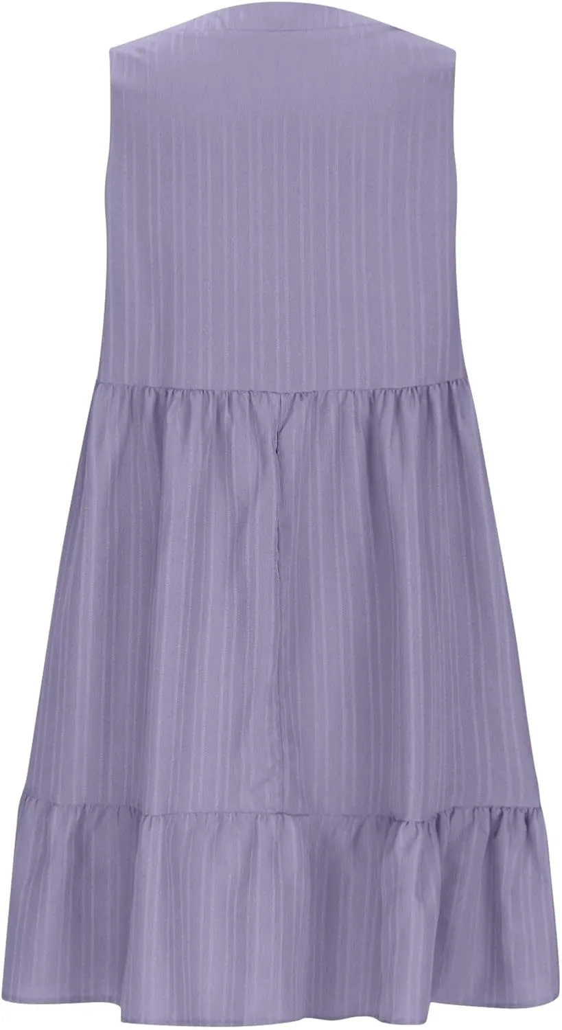 Summer Mini Dress for Women 2025 Pleated Ruffle Dresses Sleeveless V Neck Patchwork Sundress Beach Vacation Outfits