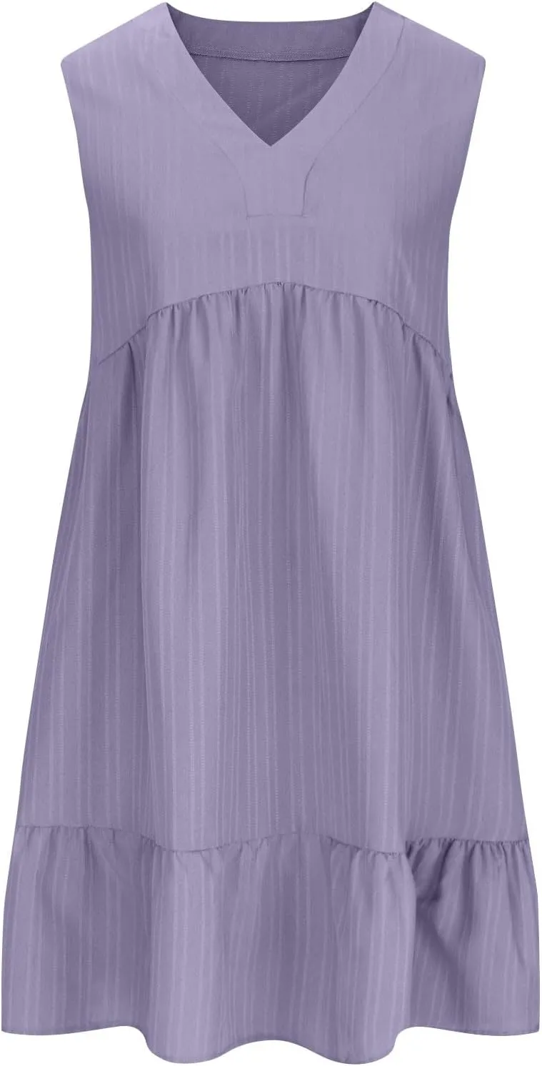 Summer Mini Dress for Women 2025 Pleated Ruffle Dresses Sleeveless V Neck Patchwork Sundress Beach Vacation Outfits