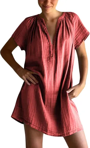 Summer Mini Dress for Women Trendy V Neck Short Sleeve Linen Vintage Sundress Casual Loose Beach Vacation Dresses