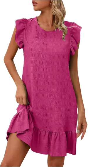 Summer Short Dresses for Women 2025 Round Neck Short Sleeve Ruffle Hem Mini Dress Casual Loose Beach Basic Dresses