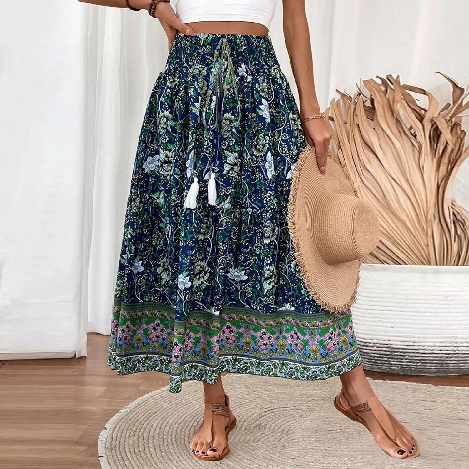 Summer Skirts for Women Boho Casual Elegant Smock Layered Tiered Maxi Skirt High Waisted A Line Flowy Long Skirts