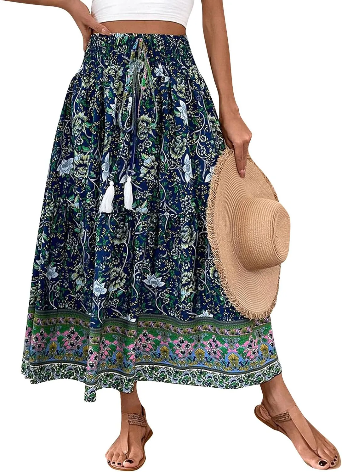 Summer Skirts for Women Boho Casual Elegant Smock Layered Tiered Maxi Skirt High Waisted A Line Flowy Long Skirts